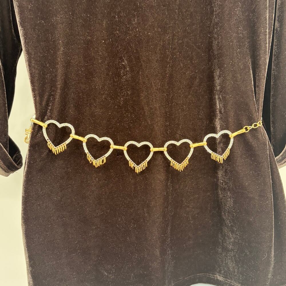Rhinestone Heart Goldtone Chain Belt Y2K McBling Glam Festival Silvertone back